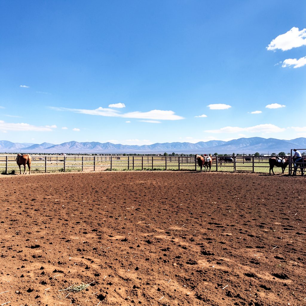 Open rodeo grounds under a wide Colorado sky with distant fence lines