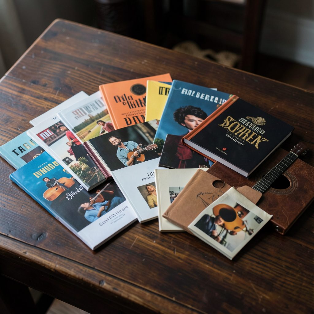 Bundle of music items arranged on a dark wooden table