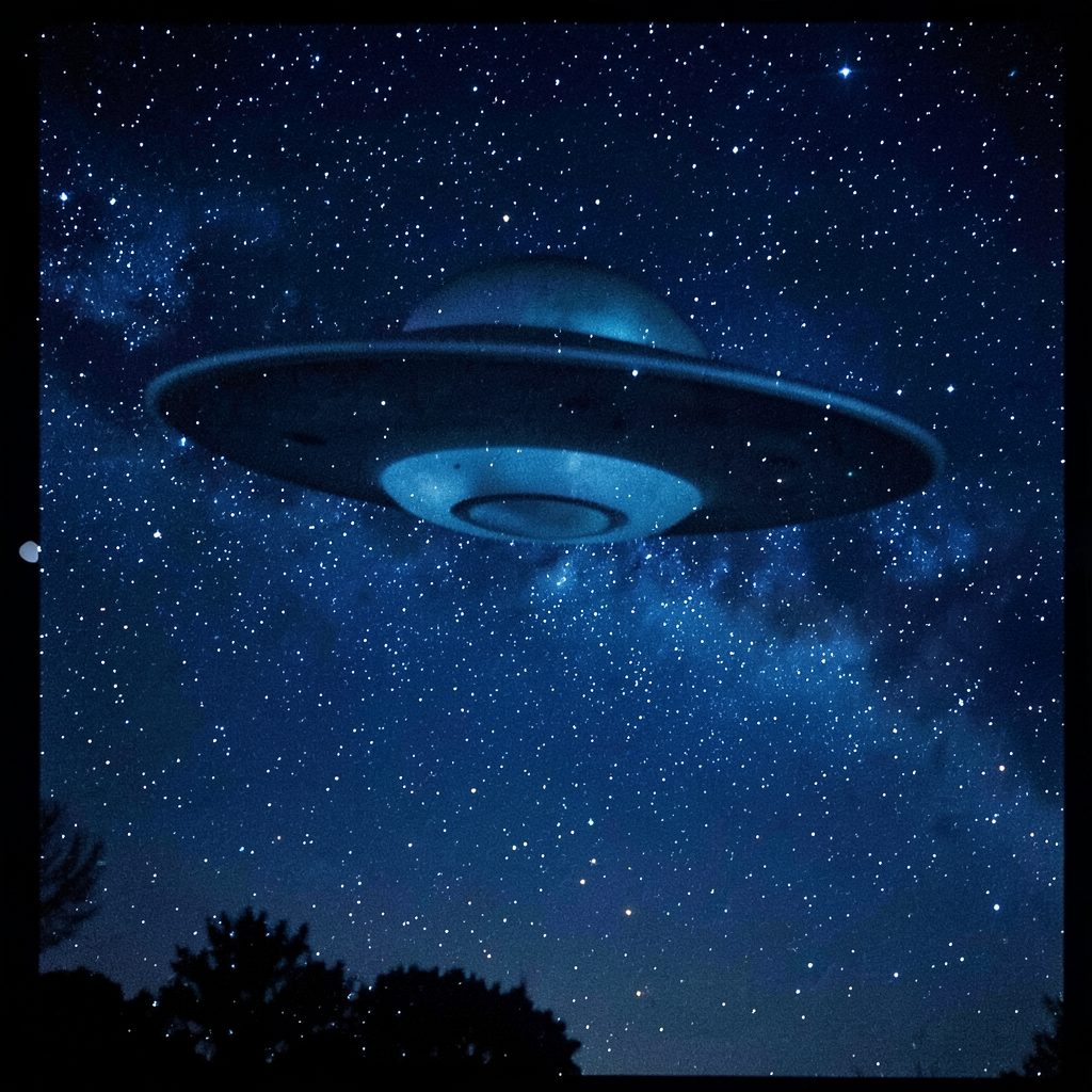 Moody album artwork with deep blues and a faint UFO shape against a starry night sky