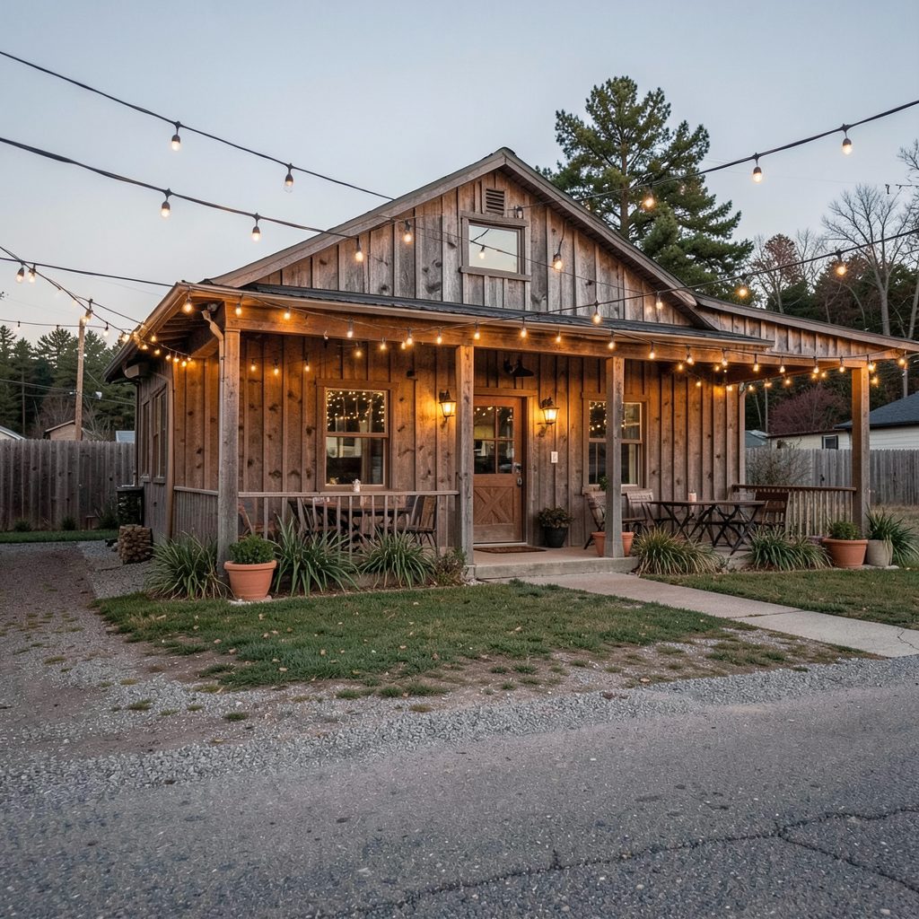 Rustic roadside venue exterior with string lights and a wooden facade