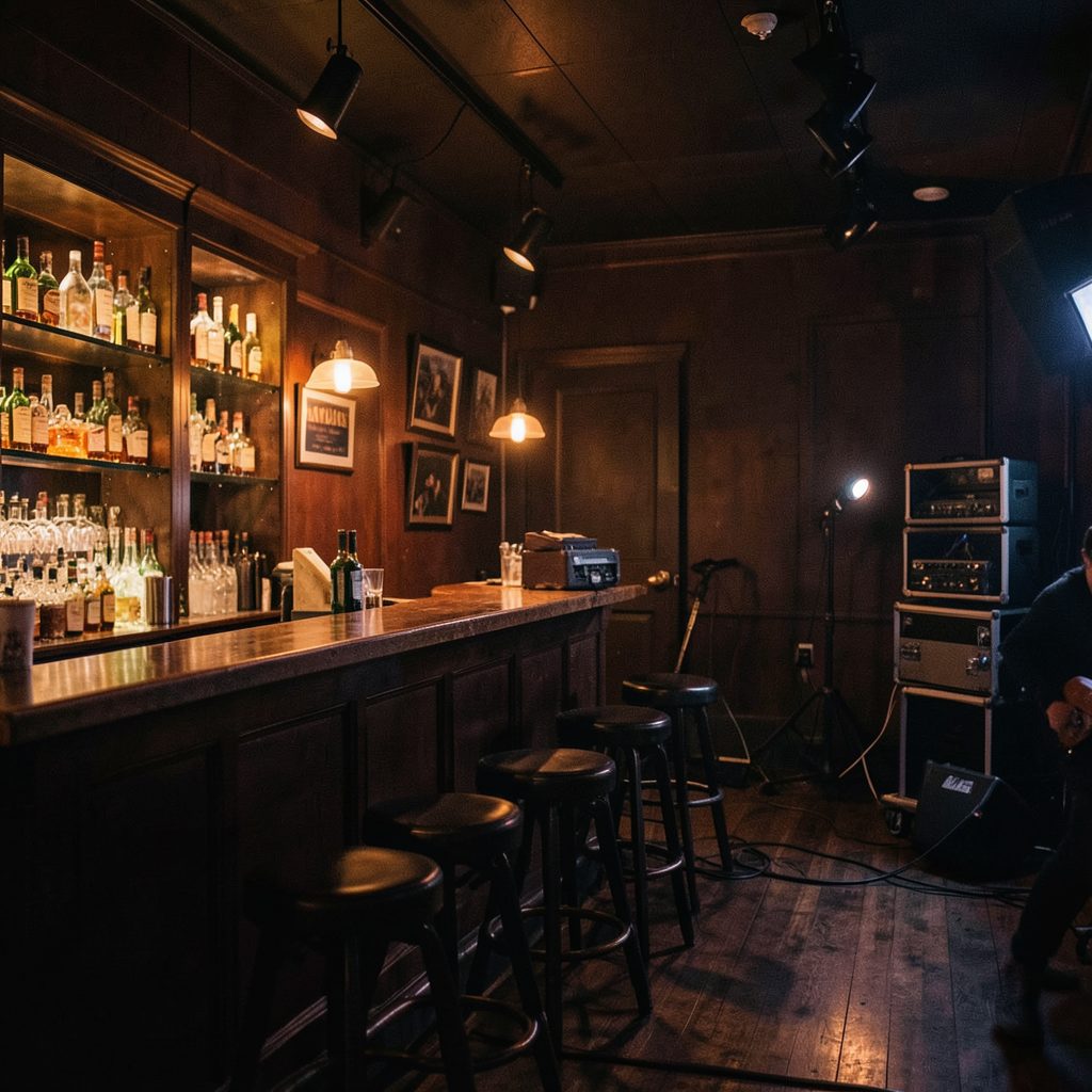 Dimly lit bar interior with warm amber glow and stage equipment visible