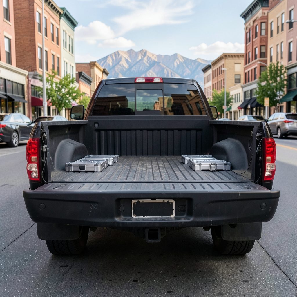 Pickup truck bed with gear cases against an urban Denver backdrop