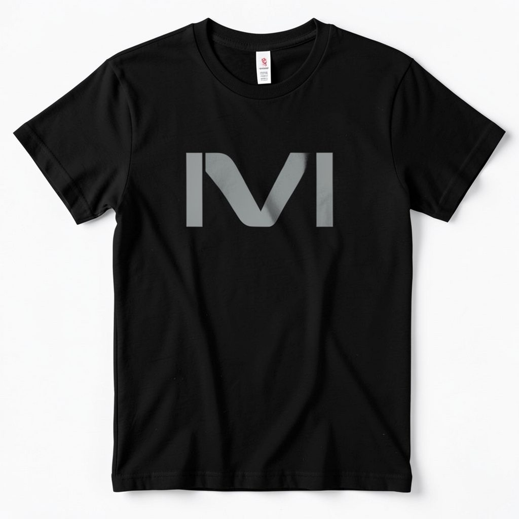 Black t-shirt with a simple bold graphic on dark fabric
