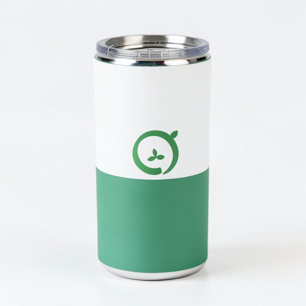 Koozie in white and green with a simple logo print